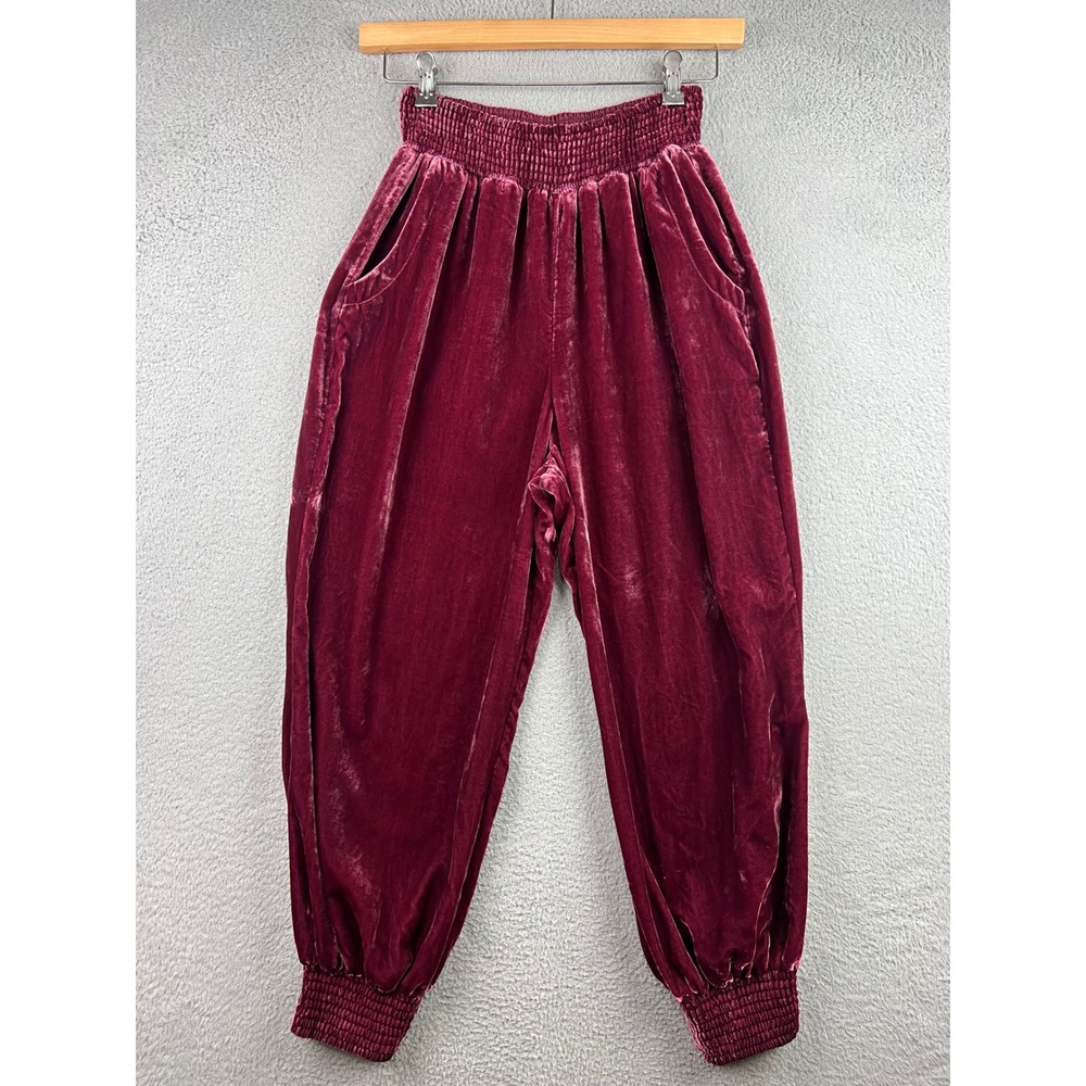 Anthropologie Burgundy Velvet Smocked Joggers Wine Red Balloon Pants Small